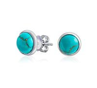 Orecchini a bottone a cupola rotonda con castone blu semplice compresso turchese per donne in argento sterling .925