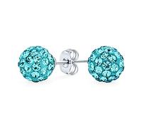 Orecchini A Bottone A Forma Di Palla Da Discoteca Con Cristalli Pavé Di Colore Azzurro Acqua Per Donne Adolescenti, Dal Design Semplice E Di Base. Realizzati In Argento Sterling .925 - Dimensione 8MM