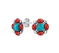 Orecchini A Bottone Con Concho Stile Sud-Occidentale Degli Nativi Americani Con Autentiche Gemme Di Turchese Stabilizzata E Corallo Rosso Per Donne In Argento Sterling .925