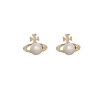 Orecchini a Bottone con Perla Saturn in Oro da Donna, Orecchini con Pianeta in Cristallo, Gioielli di Cristallo