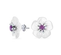 Orecchini A Bottone In Argento Sterling .925 Con Madreperla Bianca, Fiore, Ametista E Accenti Di Pietre Preziose Per Donne
