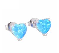 Orecchini a bottone in argento sterling 925 con opale di fuoco creato blu e bianco, a forma cuore, for donna