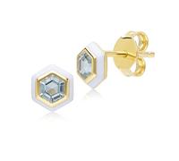 Orecchini a bottone in argento Sterling placcato oro con topazio blu e smalto bianco