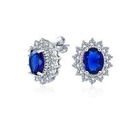 Orecchini a bottone in stile vintage classico con corona, 1.5 CT AAA CZ Halo ovale blu navy in zirconia cubica per donne, simulato zaffiro, ottone placcato argento.