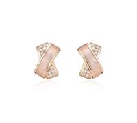 Orecchini a bottone incrociato in oro rosa intarsiato in madreperla simulata rosa con zirconia cubica pavimentata, delicati gioielli aurei compatti per le occasioni quotidiane e serali
