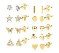 Orecchini a Bottone Piccoli per Donne, 9 Paia Argento Sterling Ragazze Orecchini a Bottone Piatto in Oro 14K con Sfera a Forma di Cuore Triangolo Farfalla CZ per piercing multipli