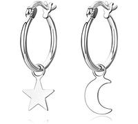 Orecchini a cerchio asimmetrici a forma di stella e luna, per donne e ragazze, in argento Sterling S925, placcati in oro bianco, con piccole stelle, luna crescente, pendenti, lucidi, cartilagine,