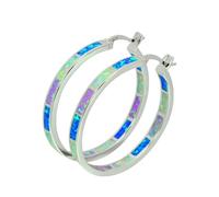 Orecchini a cerchio con opale, un'ottima scelta per l'uso quotidiano e come | Opale iridescente: montatura in opale blu segmentato, orecchini a cerchio color argento lucido, fissati saldamente con