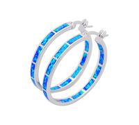 Orecchini a cerchio con opale, un'ottima scelta per l'uso quotidiano e come | Opale iridescente: montatura in opale blu segmentato, orecchini a cerchio color argento lucido, fissati saldamente con