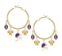Orecchini a cerchio da donna con casco da calcio, orecchini a cerchio, orecchini per il giorno della gara sportiva, gialli e viola, accessori per la giornata del campo, accessori per la mamma