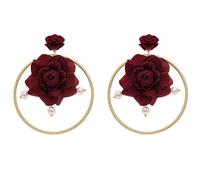 Orecchini a cerchio da donna con rosa bordeaux, in velluto floreale bohémien, con accenti di perle, romantici orecchini vintage per San Valentino, festa della mamma, appuntamenti e regalo per la mamma
