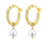 Orecchini a cerchio da donna, in argento Sterling, ipoallergenici, rettangolari, a goccia, con tre zirconi cubici, idea regalo per donne e ragazze, 12mm hoop with 5mm pearl drops, Argento sterling