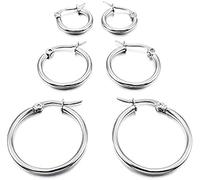 Orecchini a Cerchio da Donna Orecchini a Cerchio appiattiti a Cerchio Semplice Classico in Acciaio al Titanio Lucido in Oro Bianco in Diverse Dimensioni 3 Paia Attractive