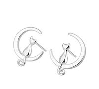 Orecchini A Cerchio Donna 925 Silver Fashion Cat On The Moon Design Orecchini a bottone per le donne Gioielli fatti mano in stile semplice (Silver, One Size)