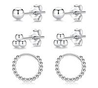 Orecchini a cerchio in argento da donna, 3 paia di piccoli orecchini in argento Sterling con perline | ipoallergenici e piccoli gioielli per uomo e ragazza, 8 mm 10 mm 12 mm, Argento Rame