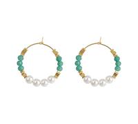 Orecchini a cerchio in oro con perle di giada verde, combinazione di pietre preziose e perle, stile vintage resort per abiti casual