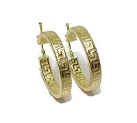 Orecchini a cerchio in oro giallo 18 k con greca, design tubolare schiacciato da 4 mm e 2,2 cm di diametro esterno Chiusura facile a scatto. Peso: 2 g d’oro 18 carati.