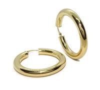 Orecchini a cerchio in oro giallo 18k, 5 mm di spessore e 3,80 cm di diametro esterno. 7.50gr di oro 18k Chiusura a scatto facile