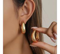 Orecchini a cerchio pendenti minimalisti e chunky in tono oro, con gocce d'acqua lisce, orecchini geometrici spessi e lucidati ad alta lucentezza, ideali come gioielli per uso quotidiano e come regalo