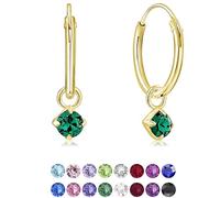 Orecchini a Cerchio Piccoli Argento 925 Placcato Oro 24K con Pendenti Brillanti Color Smeraldo - Orecchini Dorati con Brillantini Verdi Smeraldo - Cerchietto Oro 12 mm - Spessore 1.2 mm