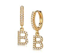 Orecchini a cerchio placcati in oro 14 carati, con zirconia cubica e intarsio con lettera dell'alfabeto, pendente a goccia, orecchini a cerchio delicati, Ottone placcato oro, Zirconia cubica