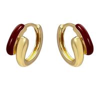 Orecchini a cerchio smaltati rosso bordeaux per donne, design placcato oro di piccole dimensioni, forma circolare minimalista con liscio per il comfort quotidiano