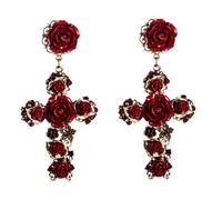 Orecchini a Croce con Fiori di Rosa barocchi Orecchini Pendenti con Fiori gotici romantici Orecchino Rosso 3D ciondolare con Fiori di Croce Rosa Gioielli