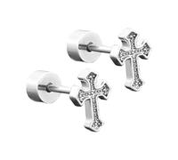Orecchini a Croce in Acciaio al Titanio - Bottone Piccolo con Vite Piatta, Stile Vintage per Cartilagine, Regalo di Gioielli per Donne e Uomini (Argento)