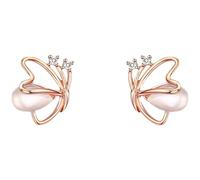 Orecchini a Farfalla in Lega Placcata Oro Rosa, Design Aperto con Guscio Rosa Intarsiato 11 × 8mm e Cristalli Chiari, Gioielli Minimalisti alla Moda