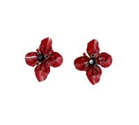 Orecchini a fiore in metallo alla moda con effetto tridimensionale a doppio strato e orecchini a quattro petali di zircone rosso Lavorazione di moda