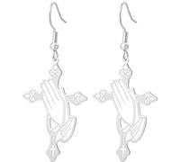 Orecchini a forma di croce con mano in preghiera, rosario cattolico, amuleto cristiano, gioielli religiosi, regalo per le donne, Medio, Acciaio inossidabile, Non pietra preziosa