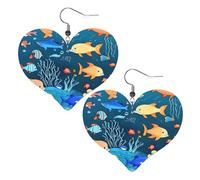 Orecchini a forma di cuore in pelle con stampa blu subacquea del mondo dei pesci, eleganti e leggeri, per donne e ragazze, taglia unica, in pelle, senza pietre preziose