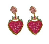 Orecchini a forma di cuore rosa da donna, orecchini pendenti smaltati rosa sfumati, ciondolo floreale con coriandoli dorati glitterati per un uso romantico quotidiano