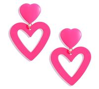 Orecchini a forma di cuore rosa per donne e ragazze, orecchini pendenti a doppio cuore, rosa acceso, orecchini pendenti anni '80, accessori per San Valentino, festa della mamma