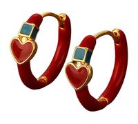 Orecchini a forma di cuore rosso da donna, orecchini a cerchio con bordi dorati, orecchini pendenti in metallo rame con accento quadrato blu, design leggero a forma di cuore smaltato per l'uso