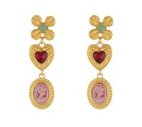 Orecchini a forma di fiore, design retrò, da donna, color oro con cuore e cammeo, perfetti da indossare tutti i giorni e da regalare