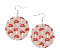 Orecchini a forma di fungo del fumetto Orecchino in pelle a forma rotonda con funghi e fiori. Gioielli pendenti leggeri da donna, perfetti da indossare tutti i giorni
