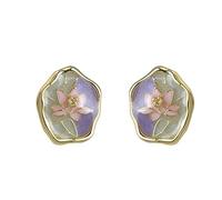 Orecchini a forma di loto con glassa smaltata placcata in oro Orecchini a forma di fiore tridimensionali con colori a contrasto di lusso retrò francese