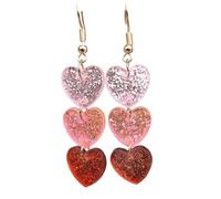 Orecchini a goccia a triplo cuore in acrilico, orecchini pendenti con gradiente glitter con ganci in oro, gioielli alla moda leggeri per le donne, accessori di tendenza (rosa-rosso)