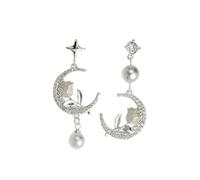 Orecchini a goccia asimmetrici con luna d'argento e rosa da donna, orecchini pendenti con stella di cristallo e accento di perla, gioielli floreali romantici da indossare ogni giorno