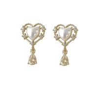 Orecchini a goccia con perla e cristallo a forma di cuore per donne, orecchini dorati in stile vintage con dettaglio a goccia, gioiello romantico per feste e uso quotidiano
