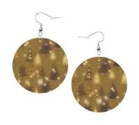Orecchini a goccia in pelle con albero di Natale con glitter dorati, rotondi stampati su entrambi i lati, in pelle PVC, con ganci placcati in argento 925, taglia unica, argento Sterling e pietra