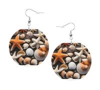 Orecchini a goccia in pelle con conchiglie e stella marina, rotondi su entrambi i lati, in pelle PVC, con ganci placcati in argento 925, taglia unica, argento Sterling, pietra dorata, taglia unica