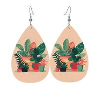 Orecchini a goccia in pelle con piccole piante verdi da interno, eleganti e leggeri, pendenti per donne e ragazze, taglia unica, in pelle, senza pietre preziose
