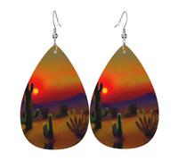 Orecchini a goccia in pelle con stampa di cactus al tramonto nel deserto, accessorio alla moda per feste