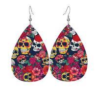 Orecchini a goccia in pelle con stampa di teschi e fiori, accessorio alla moda per feste
