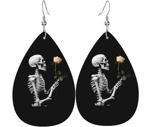 Orecchini a goccia in pelle con stampe di teschio scheletro rock and roll, rose, cuori, decorazioni per le feste da donna