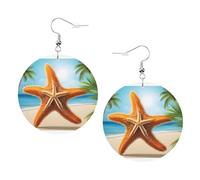 Orecchini a goccia in pelle con stella marina con palme - Orecchini rotondi in pelle PVC stampata su entrambi i lati con ganci placcati in argento 925, taglia unica, argento Sterling e pietra dorata