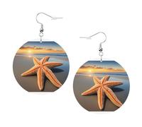 Orecchini a goccia in pelle con stella marina, oceano e spiaggia, rotondi stampati su entrambi i lati, in pelle PVC con ganci placcati in argento 925, taglia unica, argento Sterling e pietra dorata