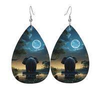 Orecchini a goccia in pelle da donna, con elefante che guarda la luna, leggeri, gioielli alla moda, regalo per donne e donne